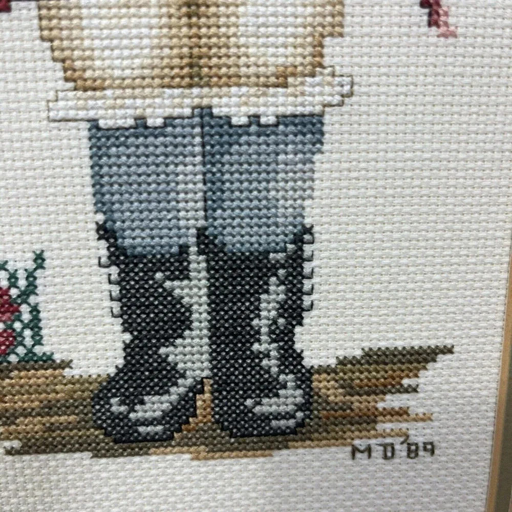Vintage Finished Cross Stitch English Victorian Boy w/ Duck 1989 16x12